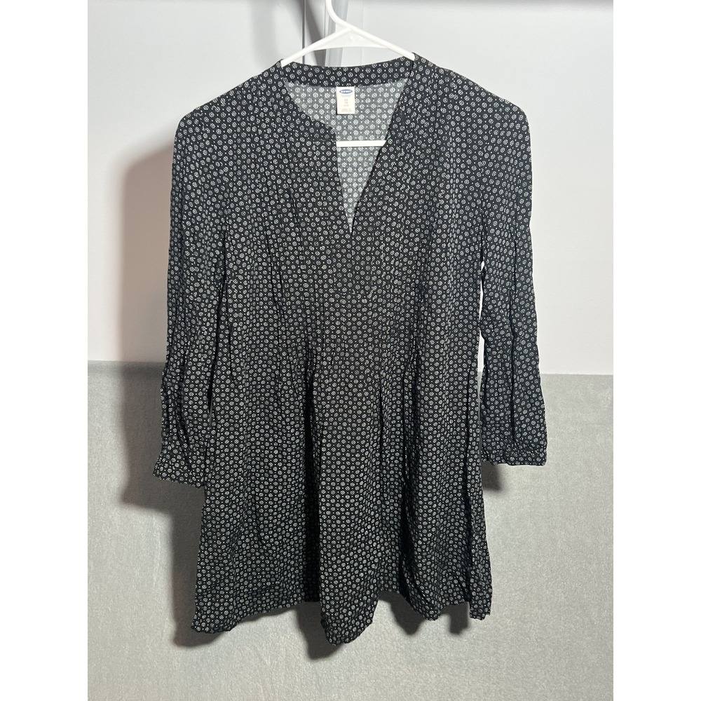 Old Navy Women's XS Petite Black White Floral Print Babydoll Tunic Top Rayon